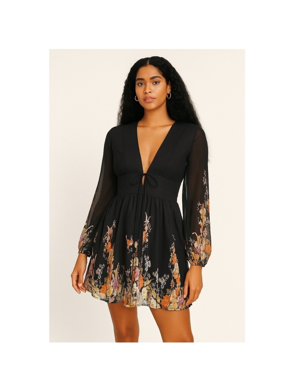 Commense Black Floral Deep-V Tie-Front Mini Dress